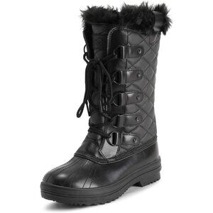 〽️Women's Black Leather Polar Tall Nylon Waterproof Fur Lined Winter Rain Boots
